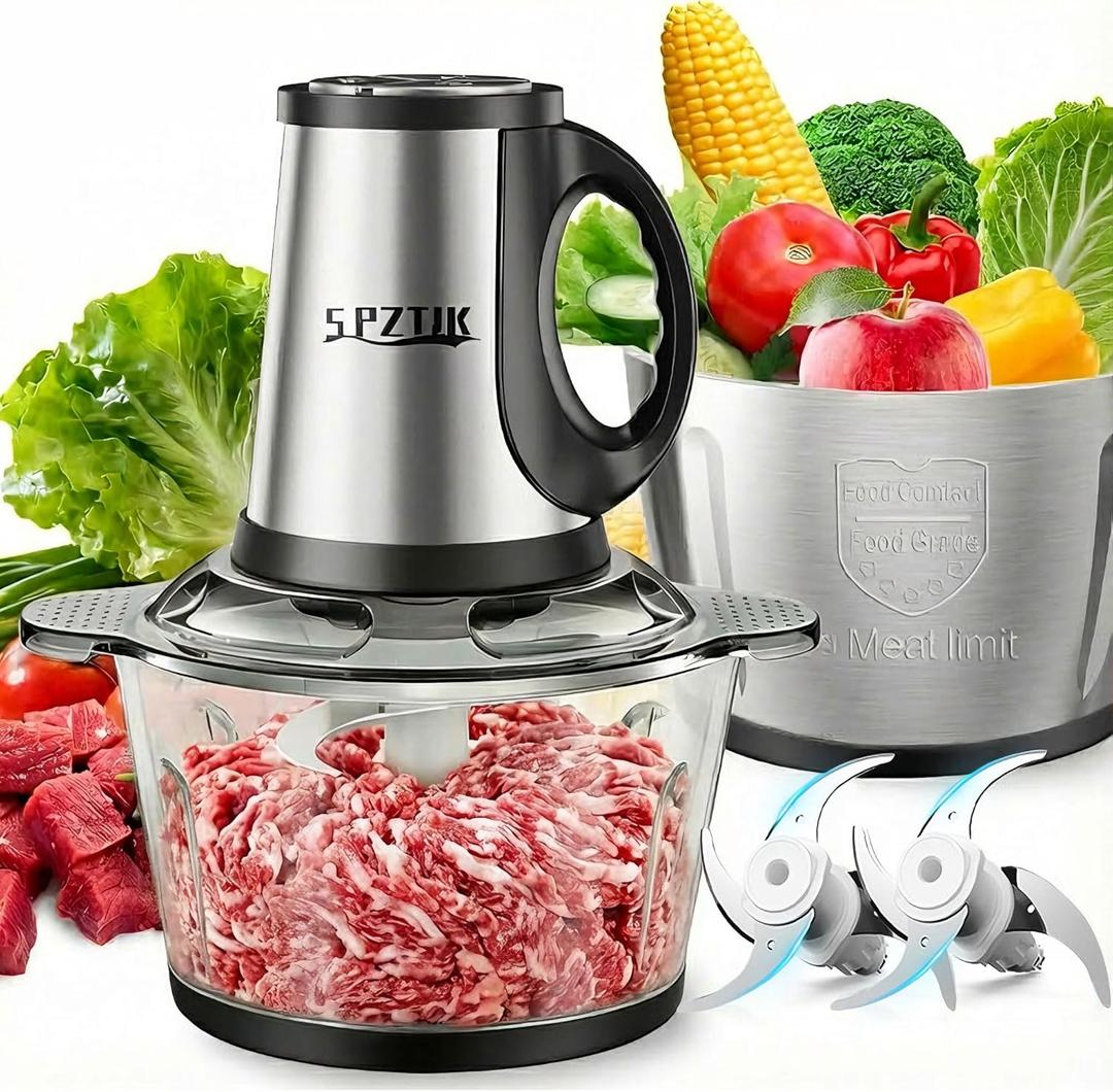 SPZTJK 3-Speed Electric Food Processor: Meat Grinder, Vegetable Chopper & Baby Food Maker - 300W, 2 Bowls (8 Cup Stainless Steel+8 Cup Glass), Quiet Operation