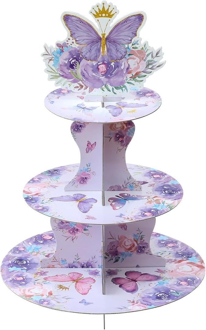 Soleebee 3-Tier Butterfly Round Cupcake Stand, Floral Theme Cardboard Cupcake Tower, Dessert Cup Cake Stand Tower for Baby Shower Birthday Camping Party Decoration, Cupcake Tier Stand 1 Set (Purple)