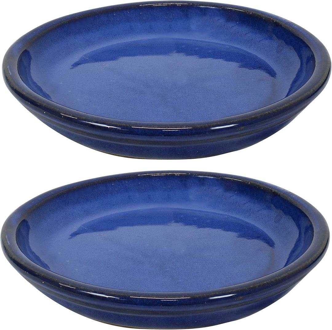 Sunnydaze 7-Inch Ceramic Plant Saucers - Plant Drip Trays for Outdoor Planter Flower Pot Drainage - Set of 2 - Imperial Blue Sunnydaze 7-Inch Ceramic Plant Saucers - Plant Drip Trays for Outdoor Planter Flower Pot Drainage - Set of 2 - Imperial Blue