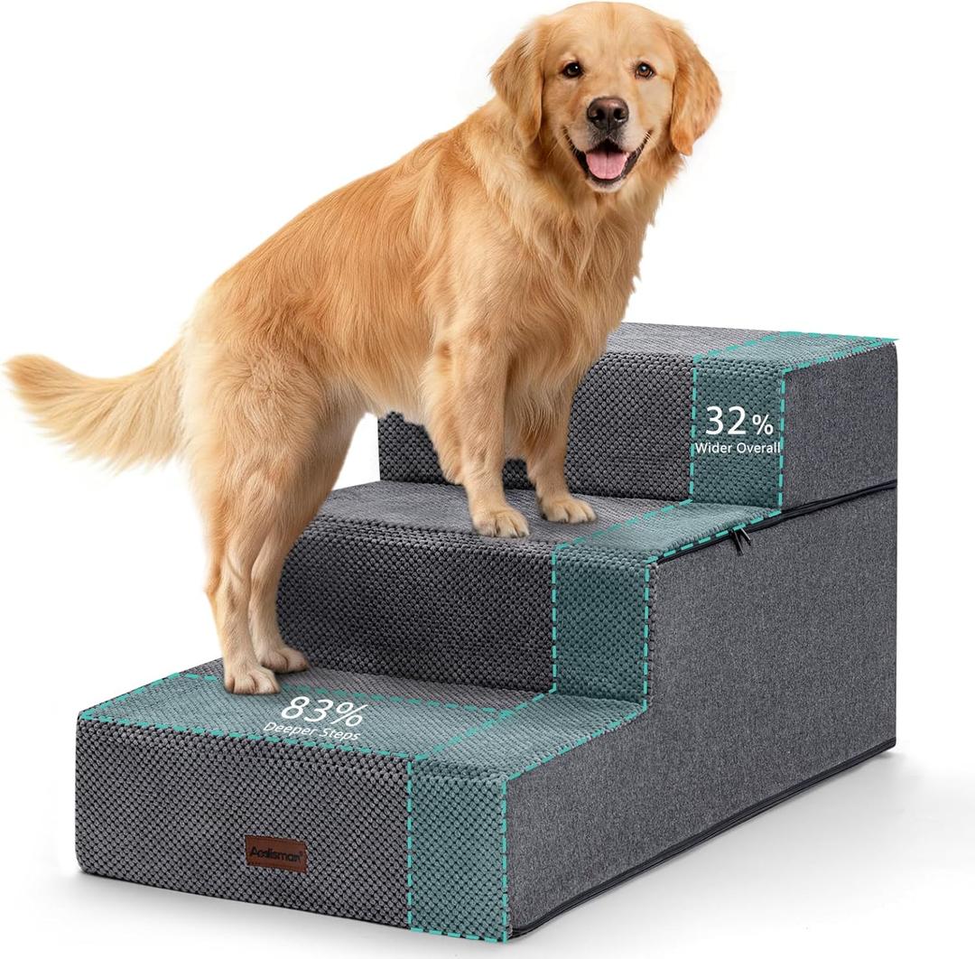 Dog Stairs for Large Dogs 18" H, Extra Wide Dog Steps for High Beds & Couches, 20" Wide Deep Steps, Non-Slip Dogs Ramp, 3-Step Pet Stairs, Grey