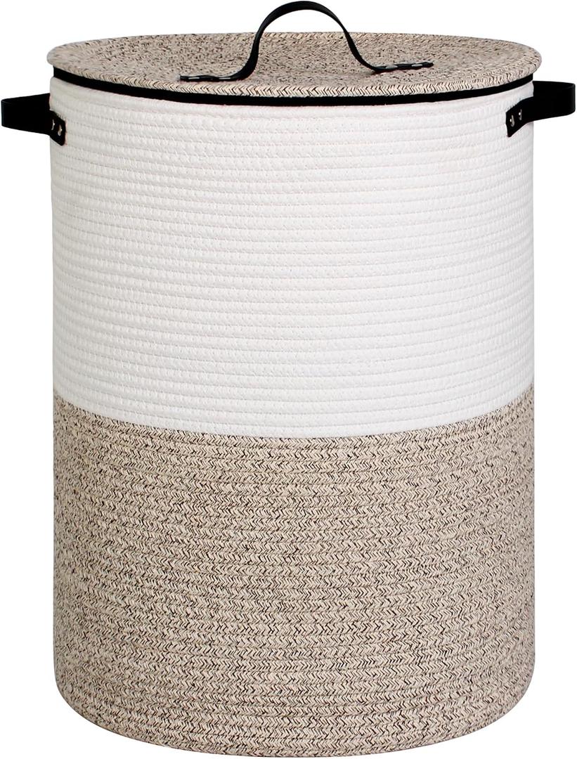 Laundry Basket with Lid, 15" x 20" Tall Woven Blanket Storage for Living Room, Round Cotton Rope Nursery Hamper with Zipper, Lidded Kids Toy Bin, Large Decorative Basket with Cover, Brown