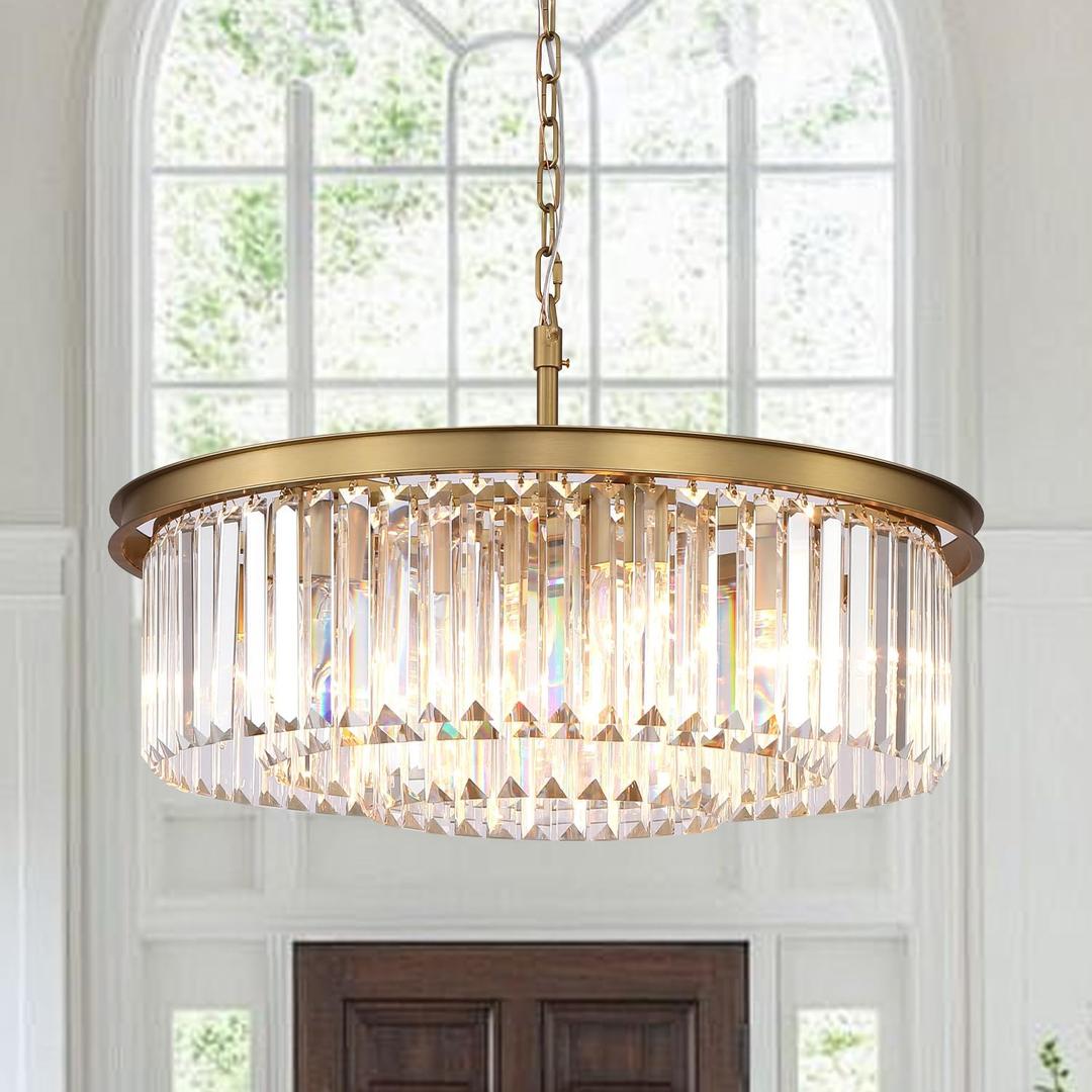 Crystal Chandelier Pendant Ceiling Lights Gold Chandeliers Lighting Fixture for Dining Living Room Foyer Hallway 8-Lights (Dia 24 Inch)