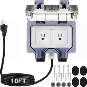 Kanayu Outdoor Outlet Box with 10ft Extension Cord, Dual 15 AMP 5-15 Receptacles Weatherproof Waterproof IP66 Outdoor Exterior Socket with Cover, 14 AWG/3C SJTW Cord