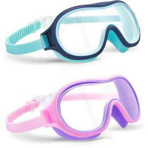 Aegend 2 Pack Swim goggles for Kids 3-15, Anti-Fog Anti-UV Wide Vision Waterproof, No leak Swimming goggles for Boys Girls (Cyan-blue & Purple Pink)