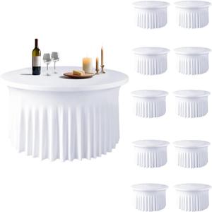 10 Pack White Round Spandex Tablecloths for 60in Tables, 120Inch Stretchy Fitted 5FT Round Table Clothes,Wrinkle Free Table Cover with Skirt for Wedding Party Dining Banquet