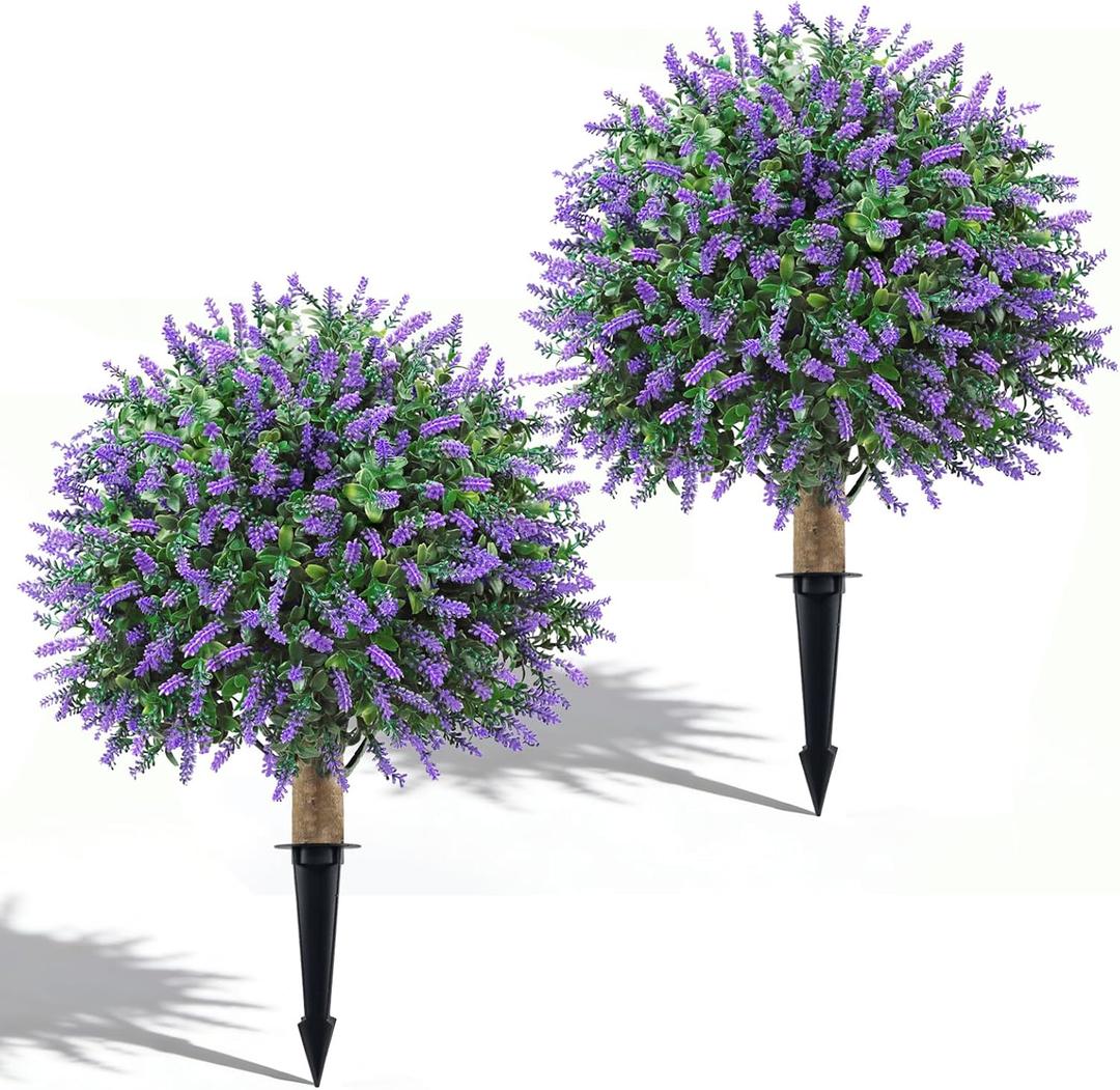 2 x 24" Artificial Lavender Boxwood Topiary Ball Trees, 2 Pack UV Resistant Fake Bushes Plants for Outdoor, Faux Shrub with Ground Spike for Indoor Front Porch Garden