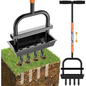 JouZYA Updated Lawn Aerator Tool with Soil Core Collection Tray, Lawn Core Aerator Lawn Tool with 4 Tines Manual Grass Aerator, Spike Lawn Coring Aerator for Yard Lawn Aeration Soil Loosening, Coral