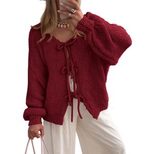 PRETTYGARDEN Women's Tie Front Bow Cardigan Sweaters Chunky Knit Long Puff Sleeve Trendy Fall Winter Jacket Coats (Wine Red, Medium)