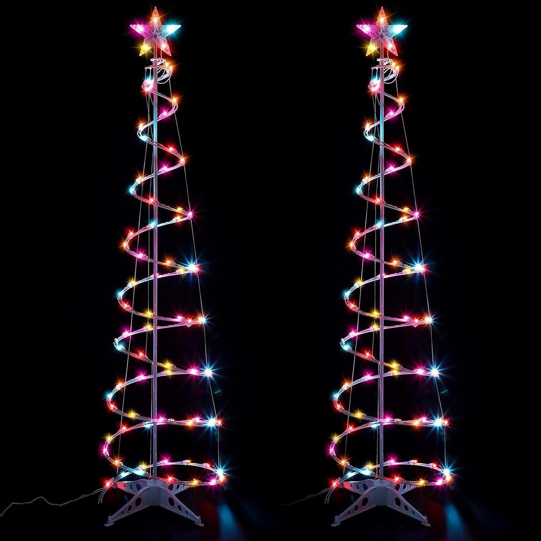 Macarrie 2 Pack 6 Ft Spiral Christmas Trees Outdoor Light Up Christmas Tree 125 LEDs Plug in Tree Decor Cone Tree Decoration with Star Tree Topper for Christmas Outside Yard Porch Home (Multi Color)