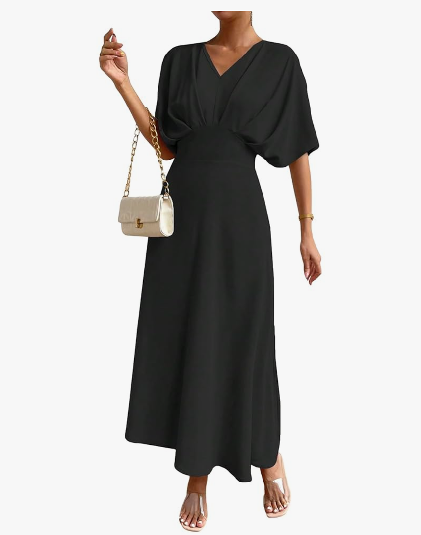 Floerns Women's V Neck Half Sleeve Ruched Cocktail Evening A Line Long Dress, Size L
