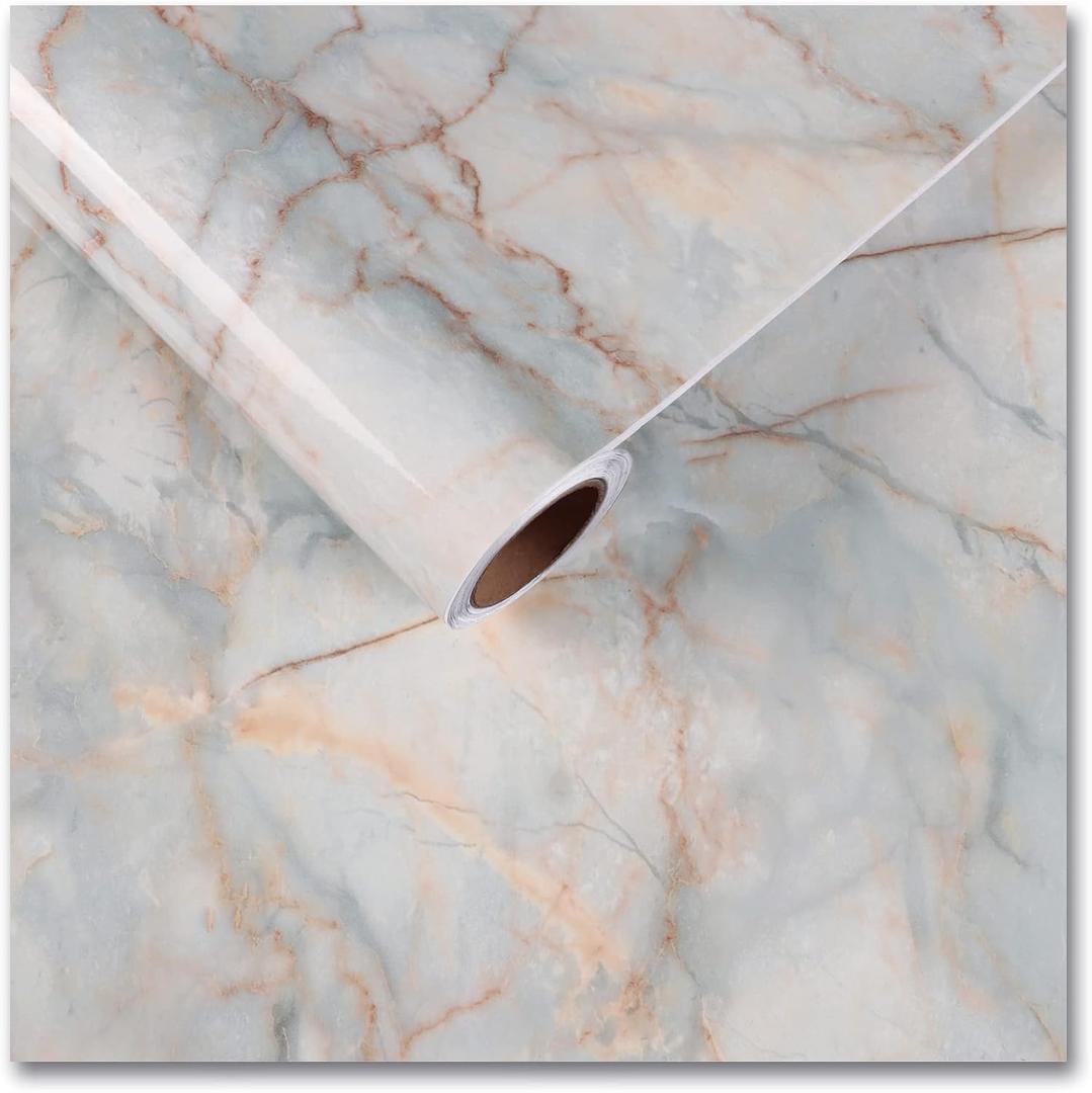 CRE8TIVE 24"x118" Wide Cyan Gold Marble Wallpaper Peel and Stick Glossy Marble Contact Paper for Countertops Cabinets Waterproof Self Adhesive Removable Thick Marble Vinyl Wrap for Bathroom Kitchen