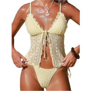SOLY HUX Women's Lace Tankini Swimsuits Frill Tie Side Two Piece Bathing Suit Beachwear (Yellow, M)
