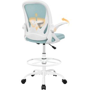Primy Drafting Chair Tall Office Chair with Flip-up Armrests Executive Ergonomic Computer Standing Desk Chair with Lumbar Support and Adjustable Footrest RingLight Blue, 934-Z