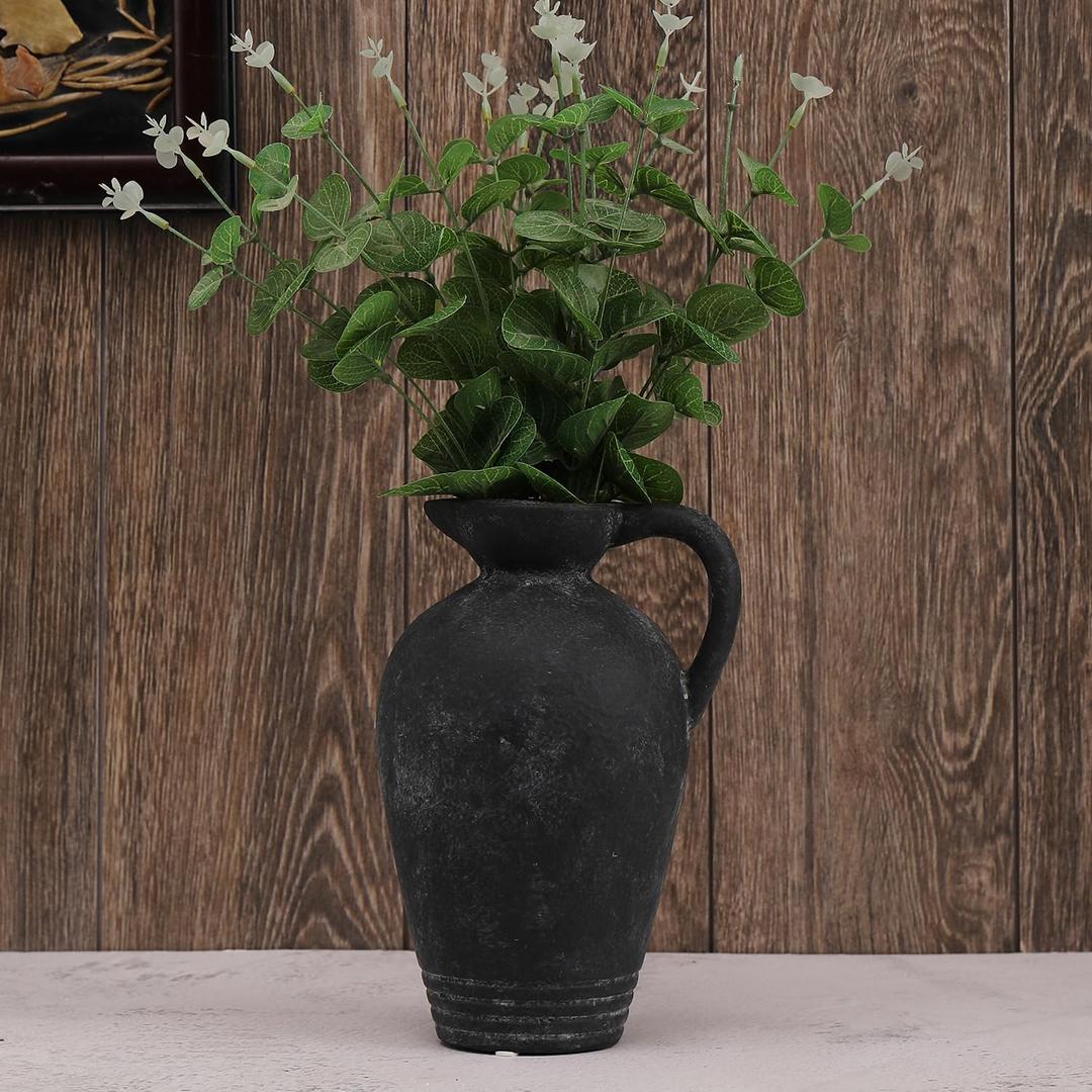 ROLLSCERAY Rustic Ceramic Vase, Farmhouse Vase with 2 Handles, Black Pottery Vases, Boho Decorative Flower Vases for Home Decor, Table, Living Room, Shelf Decor, 9.3 Inch