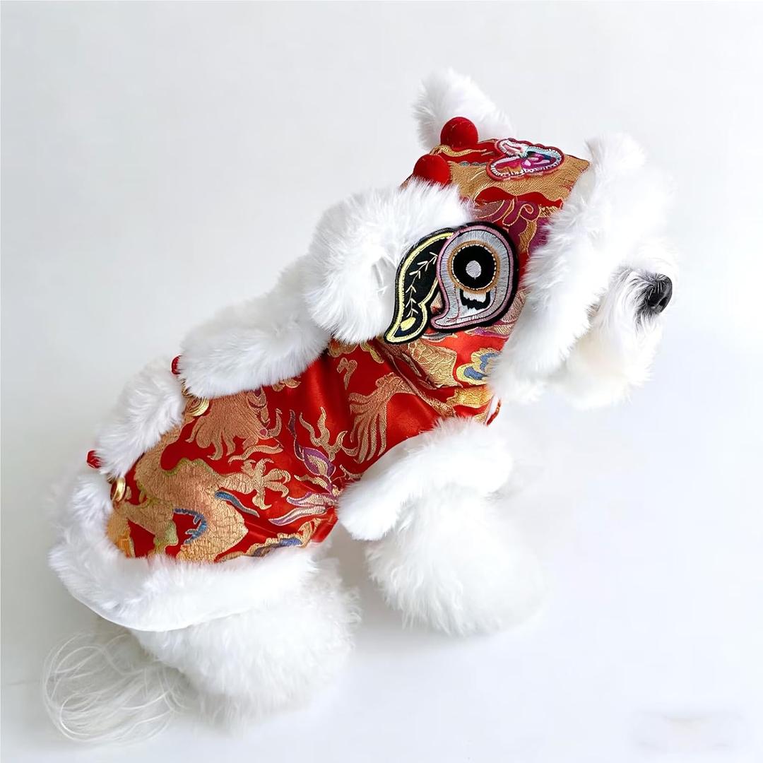 New Year Dog Lion Dance Coat, Spring Festival Pet Costume, Winter Cat Warm Clothes for Small Medium Dogs, Teddy, Schnauzers and Small Bichon Frises (Small)