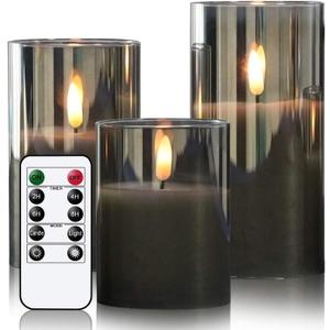 GenSwin Glass Flameless Candles with Remote Battery Operated Flickering LED Pillar Candles Real Wax 3D Wick for Wedding Festival Home Decoration(Gray,Pack of 3) (Black)