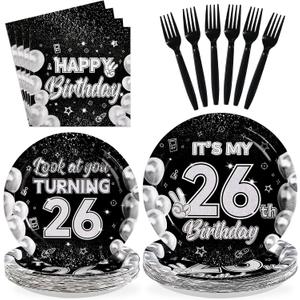 96Pcs 26th Birthday Decorations Black Silver 26th Birthday Party Plates Disposable Look at You Turning 26 Paper Tableware Set for Happy 26 Year Old Graduation Party Supplies Serves 24