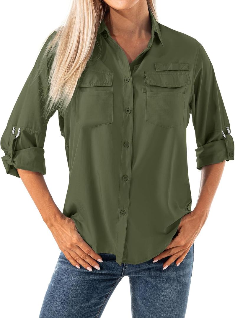 Jessie Kidden Womens Safari Shirts Long Sleeve Outdoor Sun Protection Quick Dry Fishing Hiking Shirts (Small, 5026 Army Green)