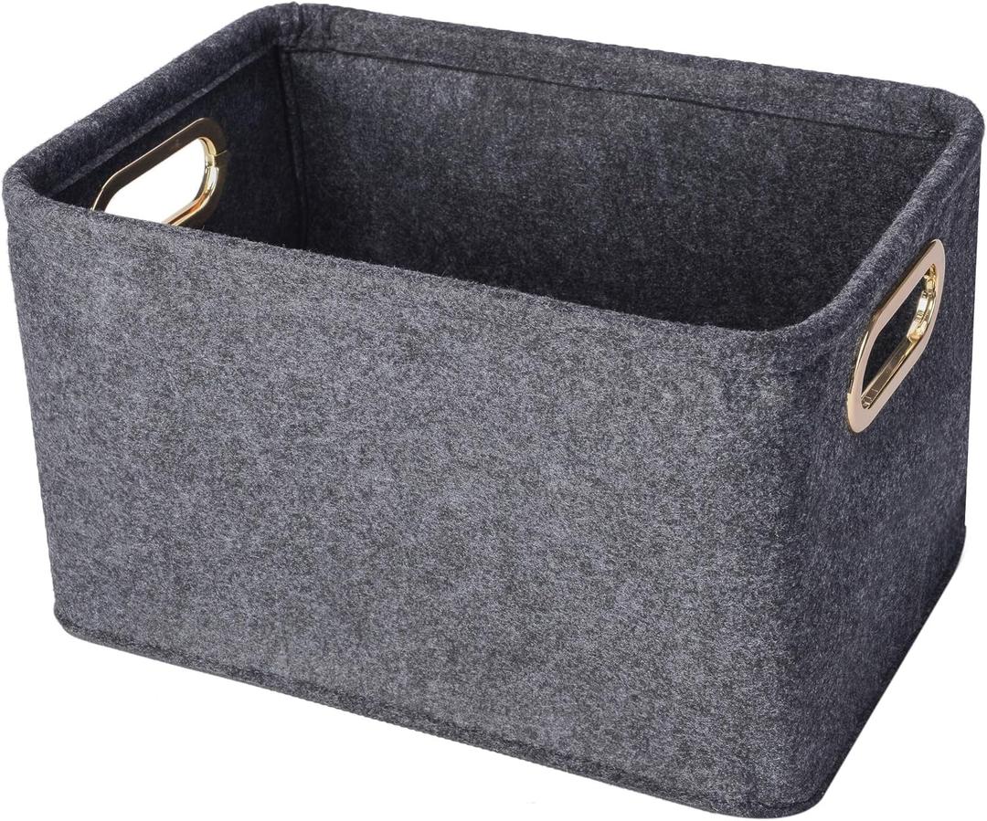 Collapsible Storage Bins Foldable Felt Fabric Storage Basket Organizer Boxes Containers with Handles Metal Handles for Nursery Toys,Kids Room,Clothes,Towels,Magazine (13.9L9.6W8.2H, Dark grey)