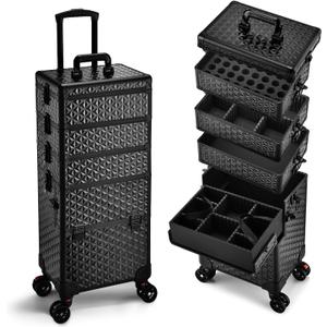 Yueieoun 5 in 1 Makeup Train Case, Cosmetology Case on Wheels Travel Make up Case Rolling Nail Cart Makeup Organizer Cosmetic Storage Box Cases Extra Large Trolley Truck with 360 Swivel Wheels, Black (EXP 09/17/26)