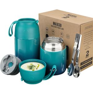 MAXSO 2 Pack Soup Thermo for Hot Food, Vacuum Insulated Food Jar Thermal Lunch Containers for Adults, Travel Food Flask (24 oz,17 oz) (Gradual Blue-green)