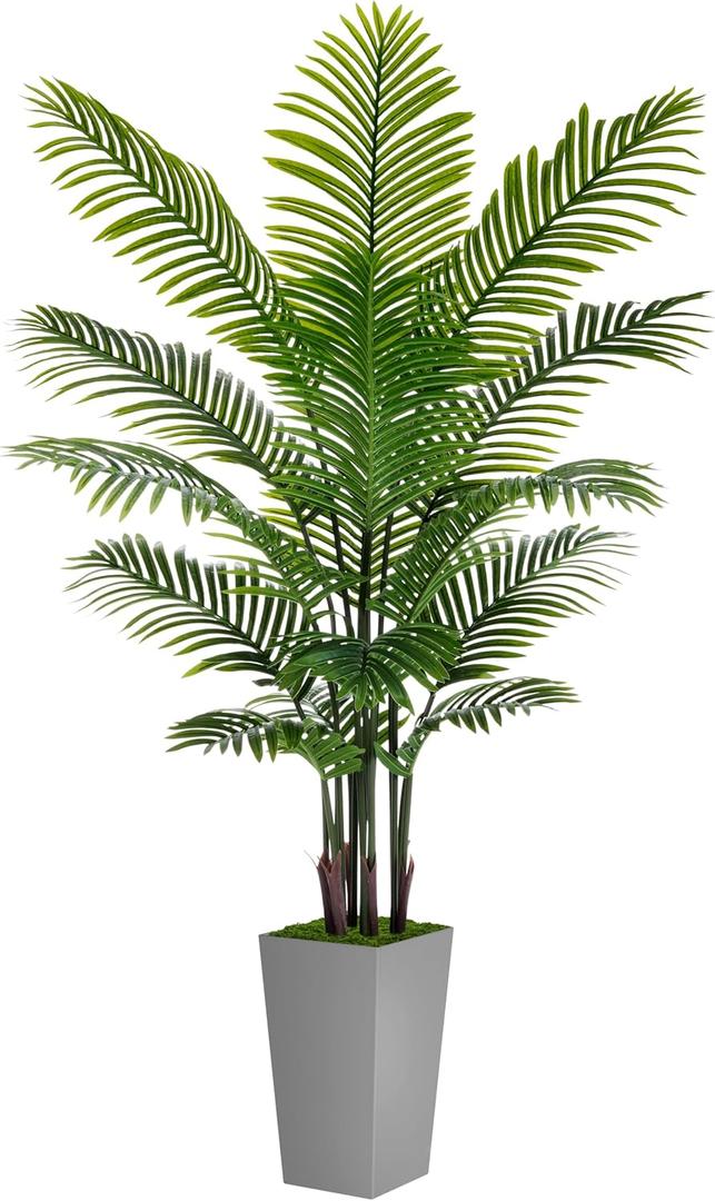Artificial Palm Tree 6FT - Fake Tree with Gray Tall Planter - Faux Tropical Areca Floor Plant in Pot - Artificial Silk Plant for Home Office Living Room Decor Indoor