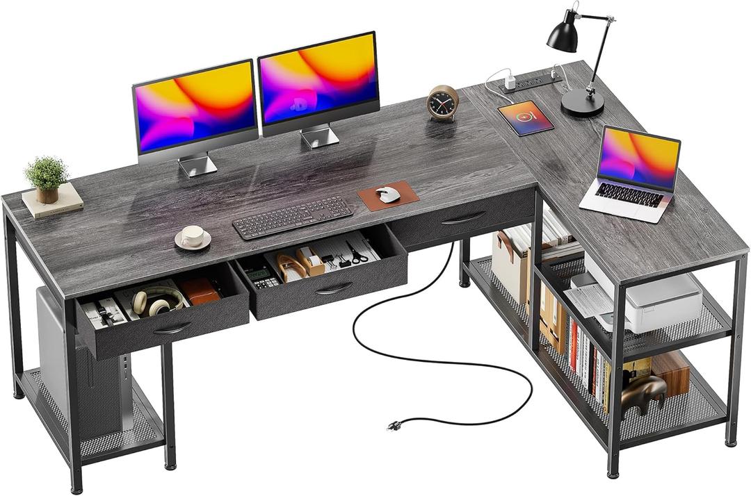 PRAISUN 63 Inch L Shaped Office Desk with Power Outlets and Type-C Port, Large Computer Gaming Desk with 3 Fabric Drawers, Mesh Shelves, Corner Study Work Writing Desk, Grey