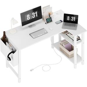 Lufeiya White L Shaped Computer Desk with Power Outlet Shelves, 40 Inch Small Reversible Corner Desk for Small Space Home Office, L-Shaped Desk PC Desks, White, 39.4"