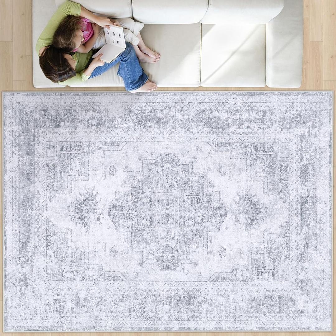 Area Rug 8x10 Living Room Rug, Machine Washable Vintage Distressed Medallion Rug Non-Slip Soft Low Pile Large Indoor Rugs for Bedroom Kitchen Dining Room Office (LightGrey,8'x10')