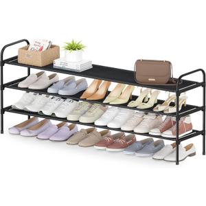 3 Tier Long Shoe Rack for Closet, Screw Fastened Plastic Connector Shoe Storage Organizer, Non-Woven Fabric Metal Shoe Shelf, Holds 24-28 Pairs for Entryway, Front Door Entrance, Bedroom