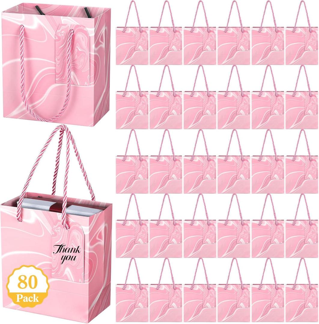 Zhanmai 80 Pcs Mini Gift Bags with Handles, 4.3 x 2.5 x 5 Inches Small Thank You Paper Goodie Bags Bulk for Birthday Wedding Baby Shower Party(Pink)