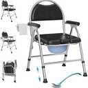 Folding Bedside Commode Chair for Elderly with Adjustable Height, Toilet Seat with Arms Handles and Back Support, Adults Potty Chair with Paper Roll Holder for Seniors, Disabled, and Pregnant (Black)
