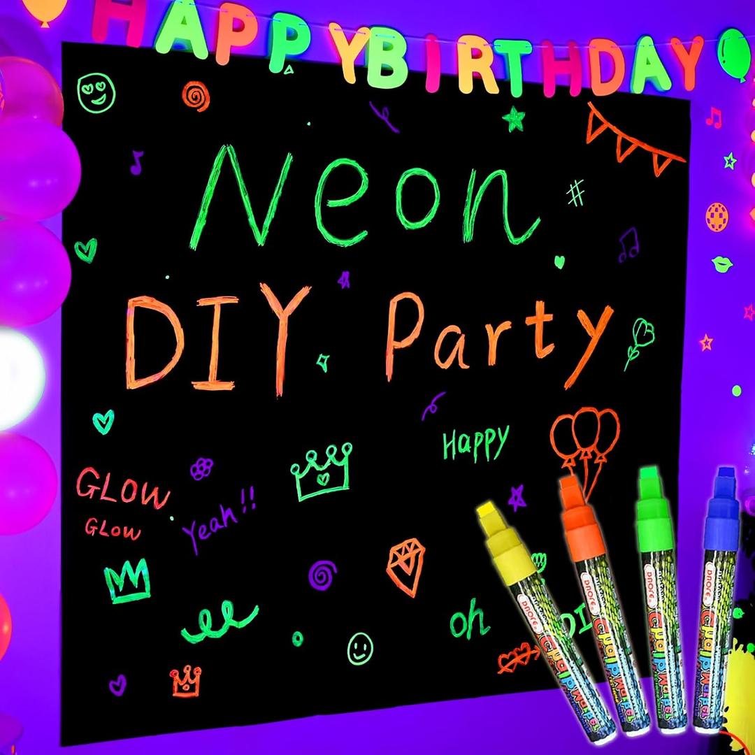 Mega-L Glow In The Dark Party Supplies, Neon Halloween DIY party decorations with 4 fluorescent colored pens, Lets Glow Photography Background Birthday Graffiti Black Light Photo Booth (5.2x5.9 feet)
