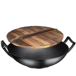 14 Inch Blue Enameled Cast Iron Wok/Pot - Bruntmor Nonstick Skillet Pan with Large Loop Handles for Versatile Cooking - Oven Safe & Electric Stovetop Compatible - Indoor and Outdoor Culinary Essential (Black With Lid)