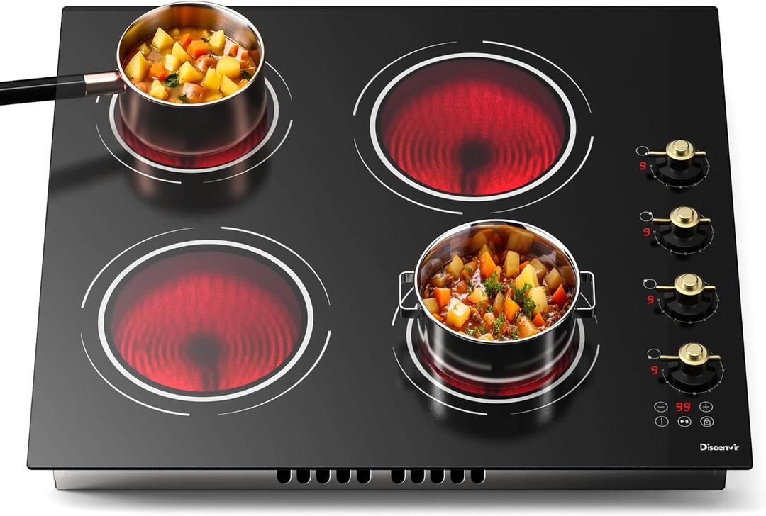 24 Inch Electric Cooktop - 4 Burner Drop-in(22.05"x19.3") Ceramic Stove Top 6000W, 220V Electric Stove, 9 Power Level, Pause, Safety Lock, Touch & Knob Control, 240V Hard Wired (No Plug)