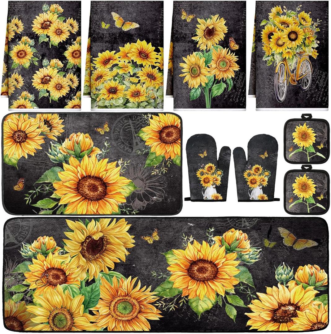 Fourluoo 10 Pcs Vintage Sunflower Kitchen Dish Towels Rugs Oven Mitts and Pot Holders Set Farmhouse Kitchen Decor Set for Women Mom Daughter Gift Cooking Baking Grilling(Vintage Gray)