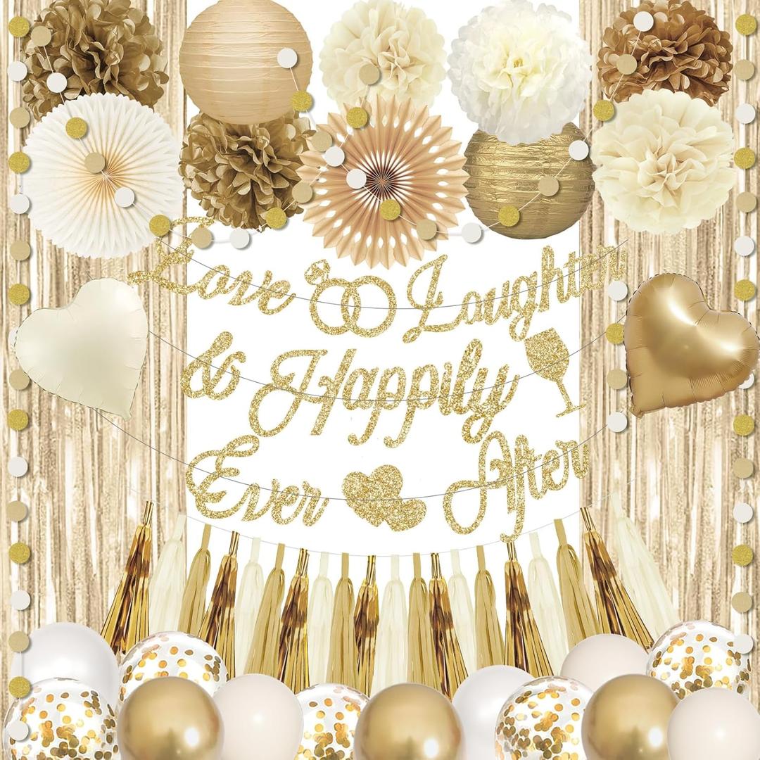 Champagne White Gold Bridal Shower Decorations, Bachelorette Party Decorations Love Laughter Happily Ever After Banner Foil Balloons Paper Pompoms Fans Tassel Foil Curtain for Wedding Party Decor