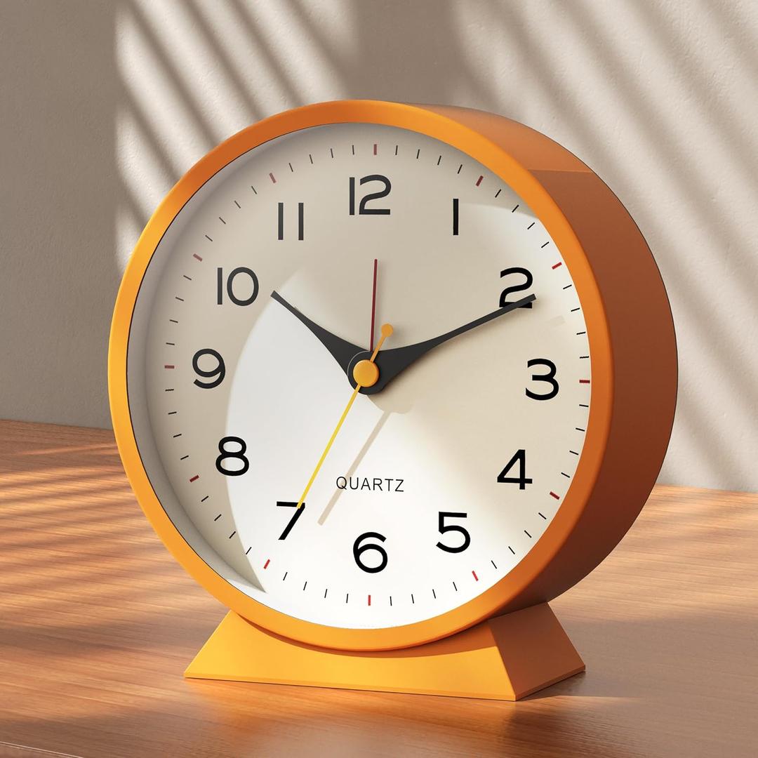 AYRELY 4.5" Analog Alarm Clock,Small Retro Desk Clock Battery Operated,Slient Metal Table Clock with Light for Living Room Decor,Bedroom,Bedside,Shelf (Orange-Yellow)