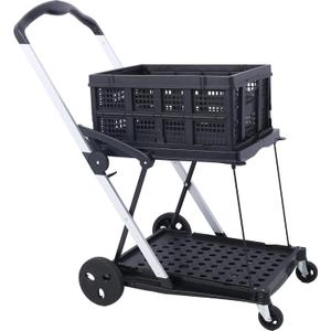 Double-Decker Folding Service Cart, Heavy-Duty Utility Cart with 360 Swivel Wheels, High Load Capacity, Collapsible Design for Shopping, Office, Warehouse, and Home Use (Black)