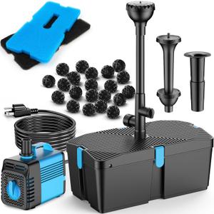 Pond Filter with Fountain Pump Kits, 50W 660GPH Pond Pump and Filter Kit with Submersible Water Pump Flow Ajustable for Outdoor Ponds Koi Pond Garden Fish Tank Water Features