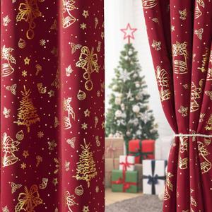 RYB HOME Christmas Curtains for Bedroom/Living Room, Red Curtains with Gold Foil Stamping Patterns, Blackout Thermal Insulating Window Drapes, W52 x L95, 2 Panels