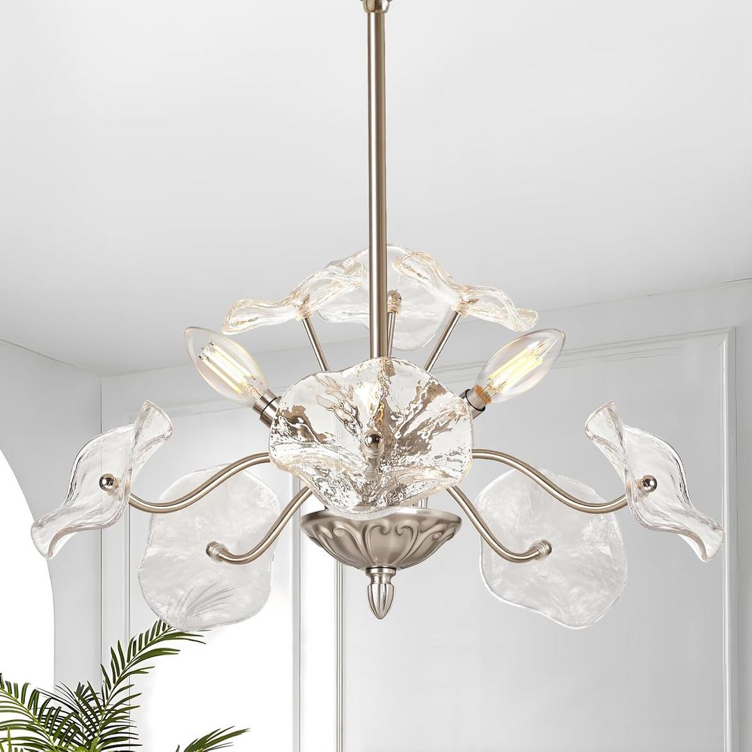 Luvkczc Modern Brushed Nickel Chandelier,Vintage Flower Glass Pendant Light Fixture,Mid Century Ceiling Light Fixture for Dining Room, Kitchen, Living Room, Bedroom Hallway Porch,3 Lights