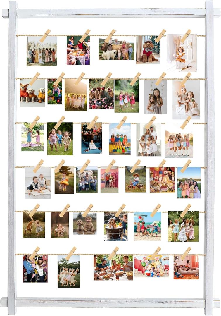 Collage Picture Frame,Photo Display Board with Clips,Hanging Pictures Frames Photos Wall Decor for Wedding Graduation Party Birthday Greeting Letter Christmas Cards Holder Organizer,39 inch(White)