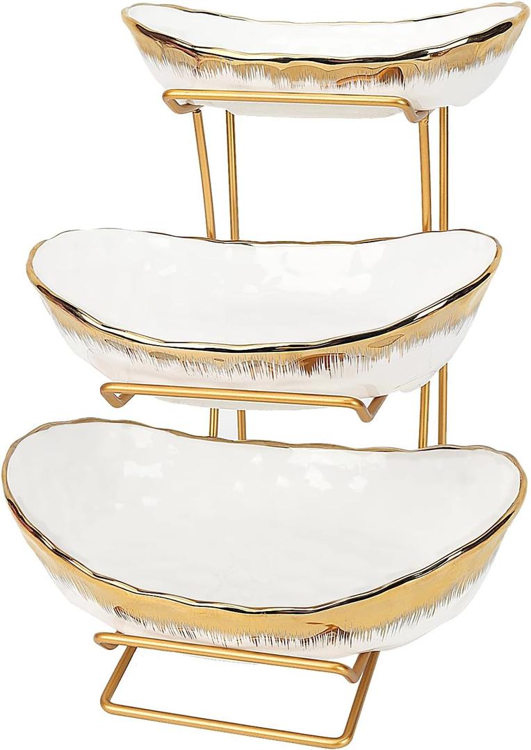 3 Tier Fruit Bowl for Kitchen Counter, Ceramic Fruit Bowl with Metal Stand, 3 Tier Fruit Basket for Vegetable Snacks Nuts Bread Candy Storage (White)