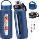 Kodrine 20oz Glass Water Bottle with Straw-2 Lids for Easy Carry with Handle, Silicone Sleeve & Time Marker, Reusable Glass Drinking Bottle for Home,Office,Outdoors, Cupholder Friendly-Blue