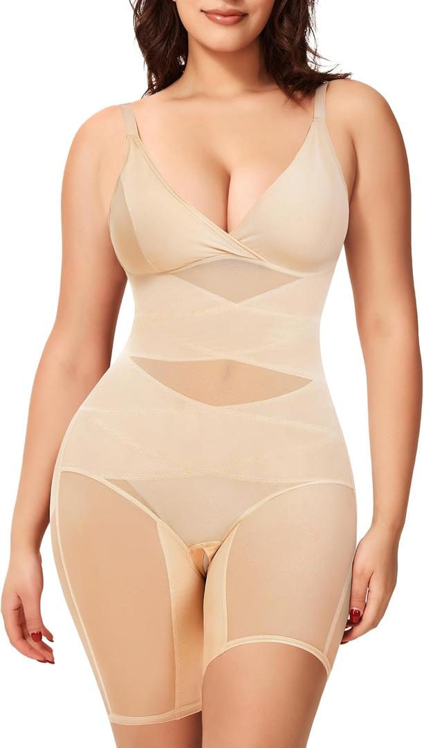 KUMAYES Shapewear Bodysuit for Women - Tummy Control Butt Lifter Fajas Body Shaper V-Neck Body suit Waist Trainer (Medium, Beige)