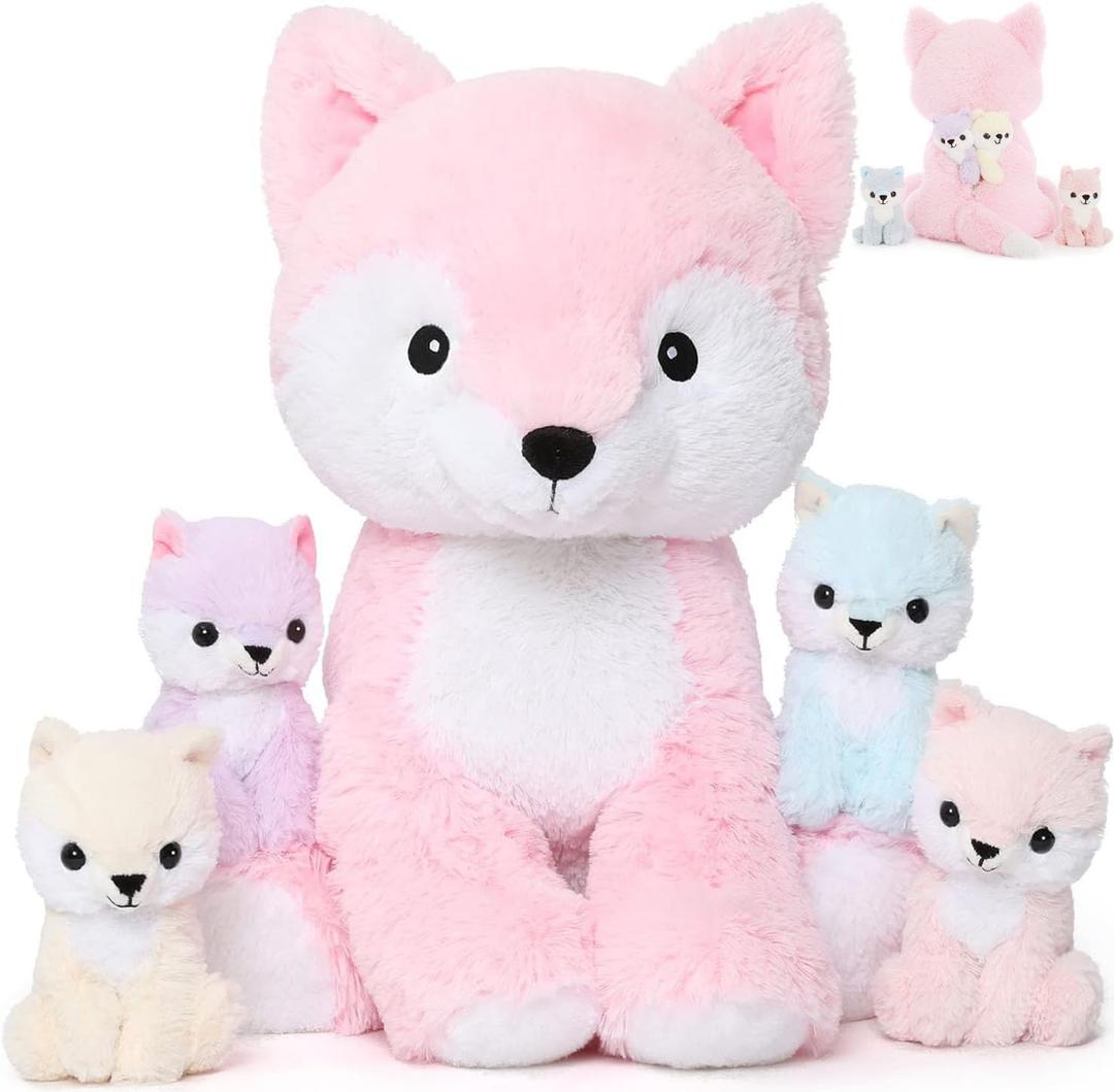 MorisMos Pink Fox Stuffed Animal Set, Soft 19 Inch Mommy Stuffed Fox Plush Toys with Baby Inside, Cute Fox Plushie Gift for Girls, Women, Kids Birthday, Christmas