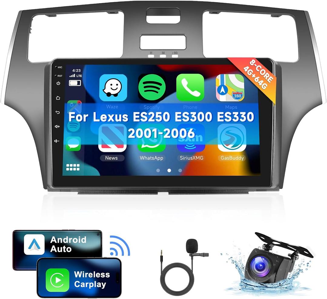2+64G Wireless Carplay Android Car Stereo for Lexus ES300 ES330 ES250 2001-2005 - 9 Inch Android Auto Touchscreen Radio with WiFi, GPS Navigation, Equalizer, SWC, Mirror Link + AHD Backup Camera