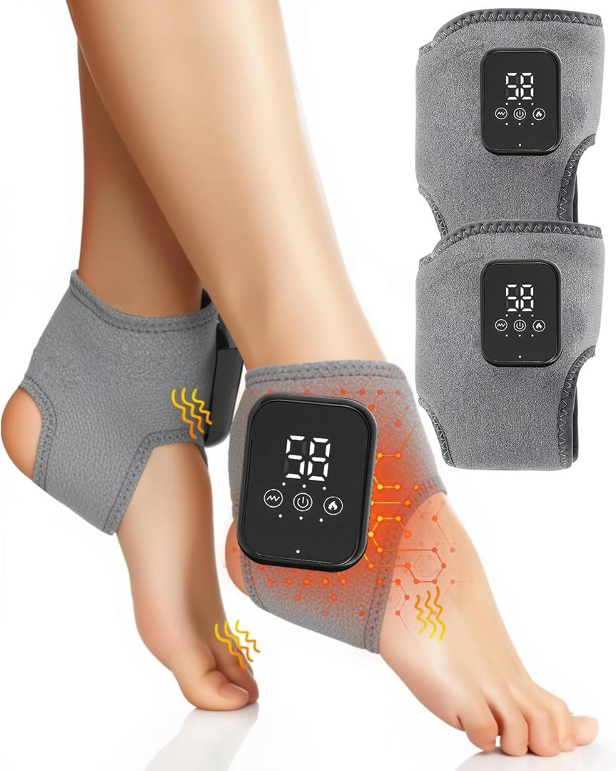 Cordless Foot and Ankle Massager with Heat & Vibration, Wearable Therapy Wrap for Neuropathy, Plantar Fasciitis & Swollen Feet (2 Pack)