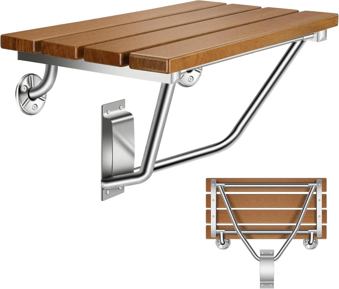24" Wall Mounted Folding Shower Seat with Stainless Steel Bracket, Structural Stability, 500 lb Capacity, Space-Saving, Teak Shower Bench for Elderly, Disabled, Pregnant Women, Kids